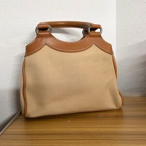 Fossil Tan Canvas & Leather Satchel Bag Brown Trim Top Handle Purse